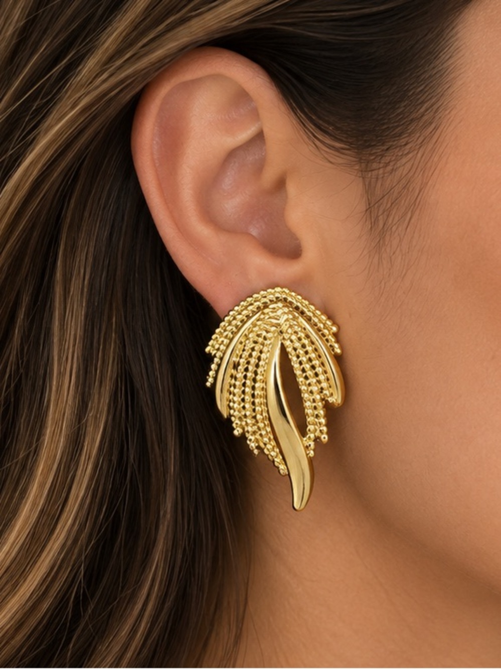 Gold Feather Sculptural Leaf Earrings | Stainless Steel Statement Studs